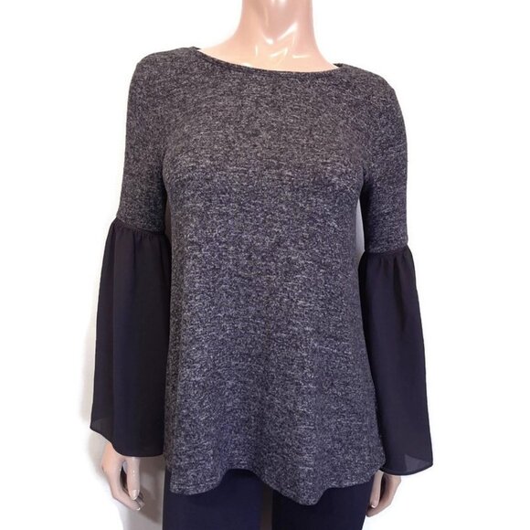 Design Lab Chiffon Bell Flare Sleeve Flowy Top Womens Size Small Black Grey - Picture 1 of 12